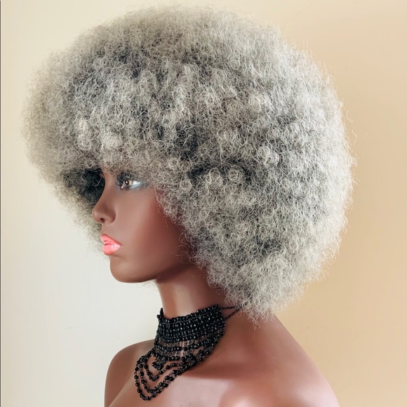 Grey/Black Kinky Curly Synthetic Afro Wig - Picture 8 of 11